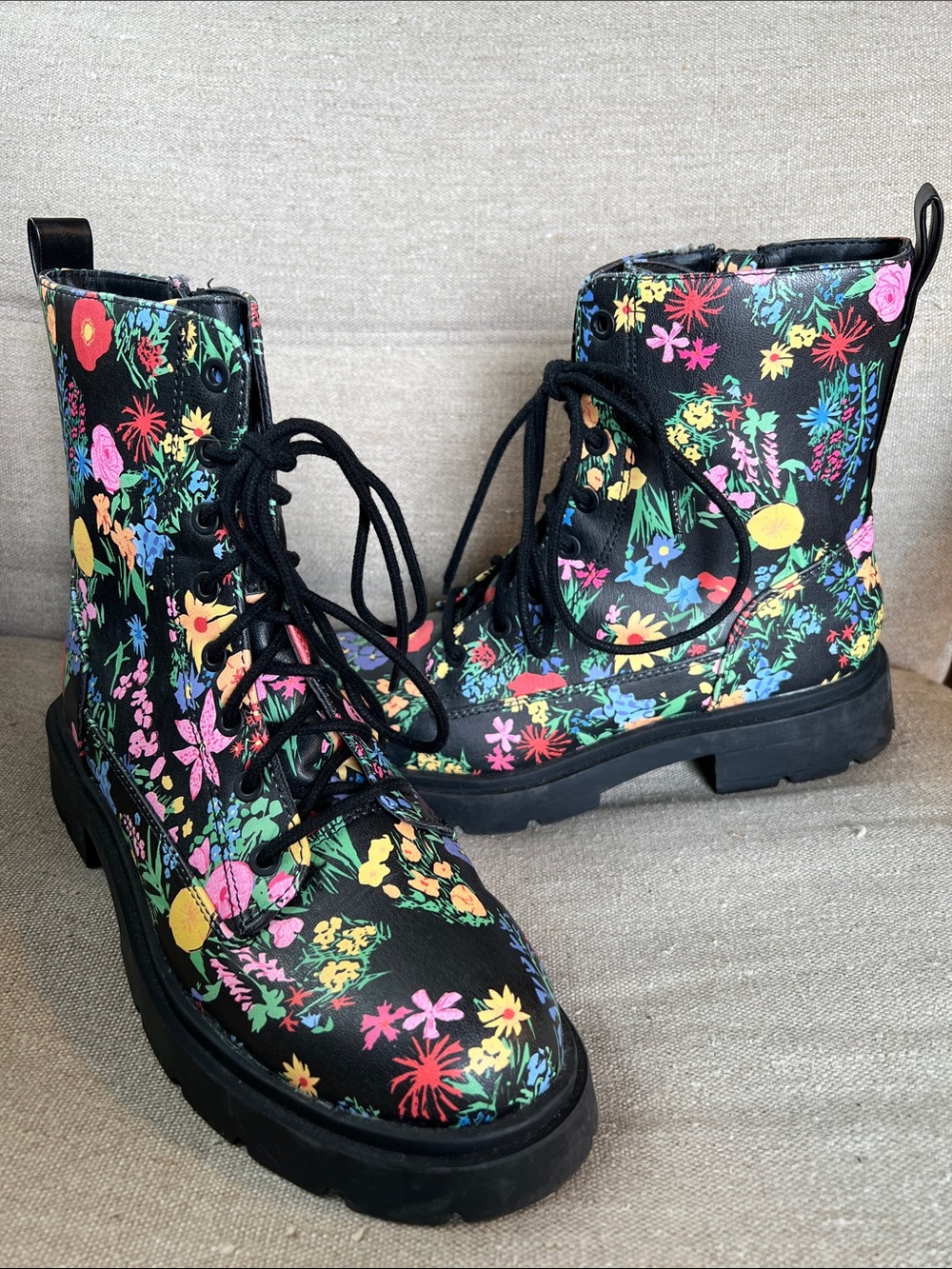 NOBO Black Floral Lace-Up Combat Boots